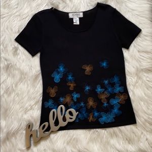 Alfani Petite Black Knit Top w/ Blue/Brown Flowers